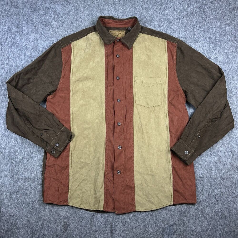 North River Outfitters Men's Button Down Sueded Shirt Striped Long Size Large